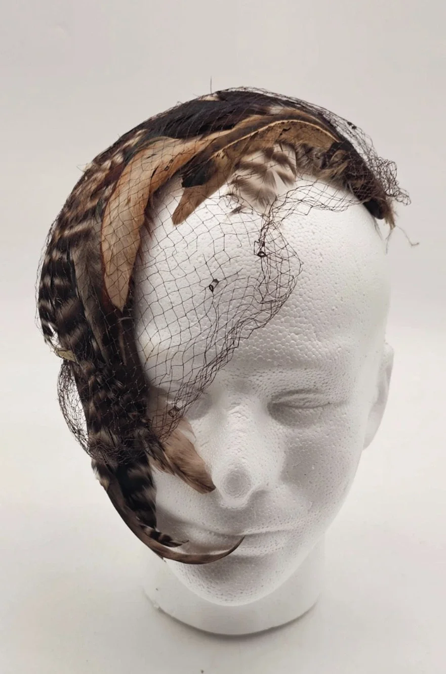 Vintage 1950s Gwen Phares Feather Hat with Veil - Mid Century Millinery